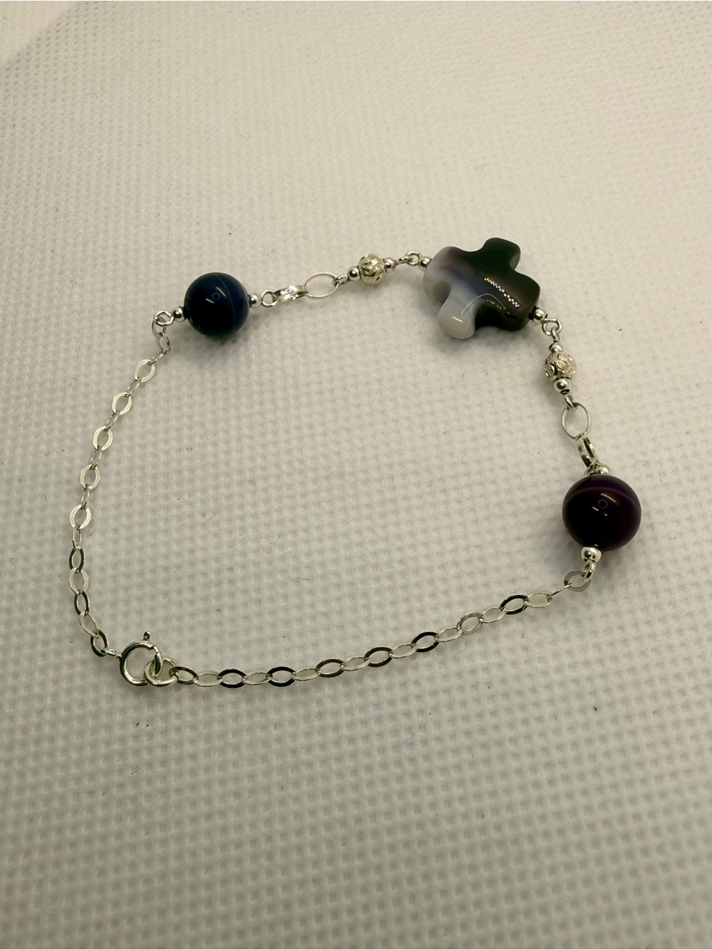 925 Sterling Silver Bracelet with Purple and Blue Beads and Cross Charm